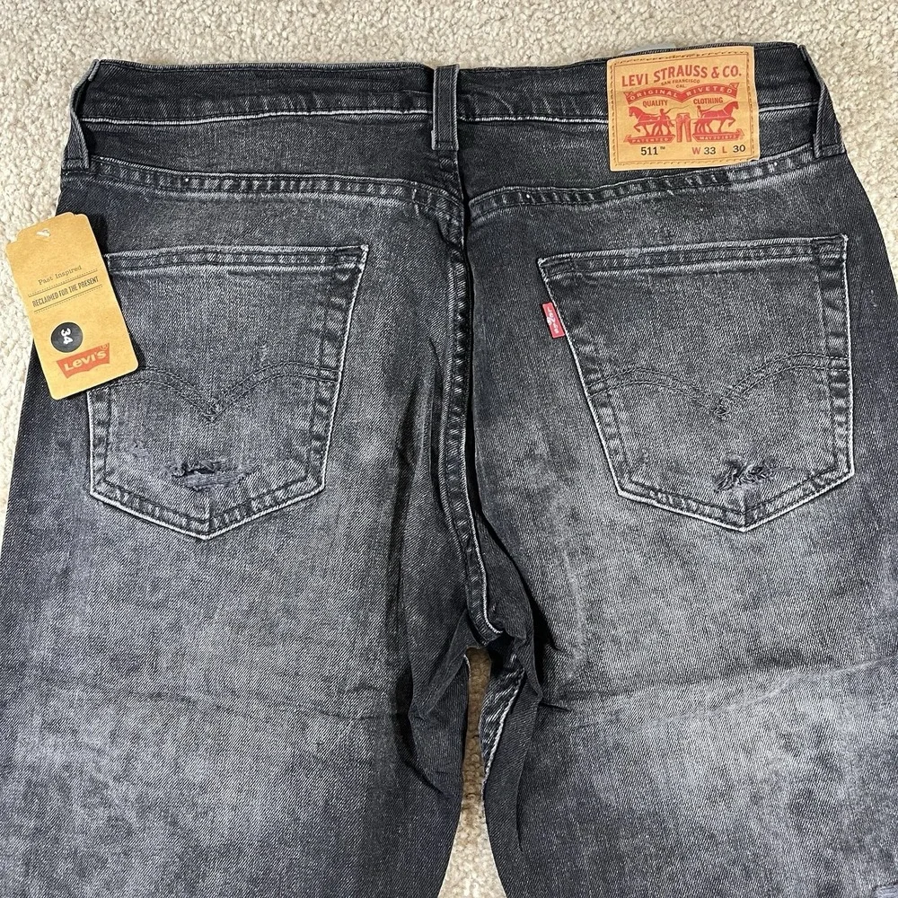 Levis 511 Sz 33x30 Fit 34x30 Black Charcoal Distressed Slim Fit Mens Faded Jeans